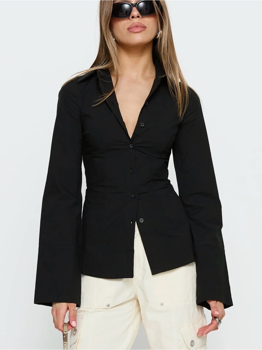 Black Fitted Button-Front Women's Top